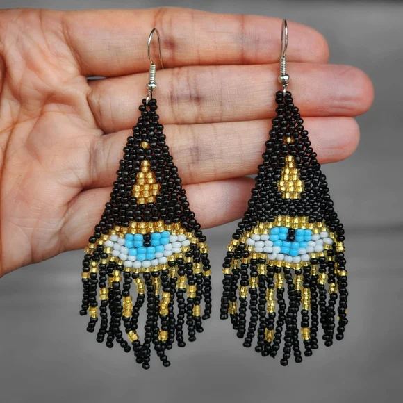 Evil Eye Beaded Fringe Boho Earrings Handmade Boheme - Picture 1 of 2